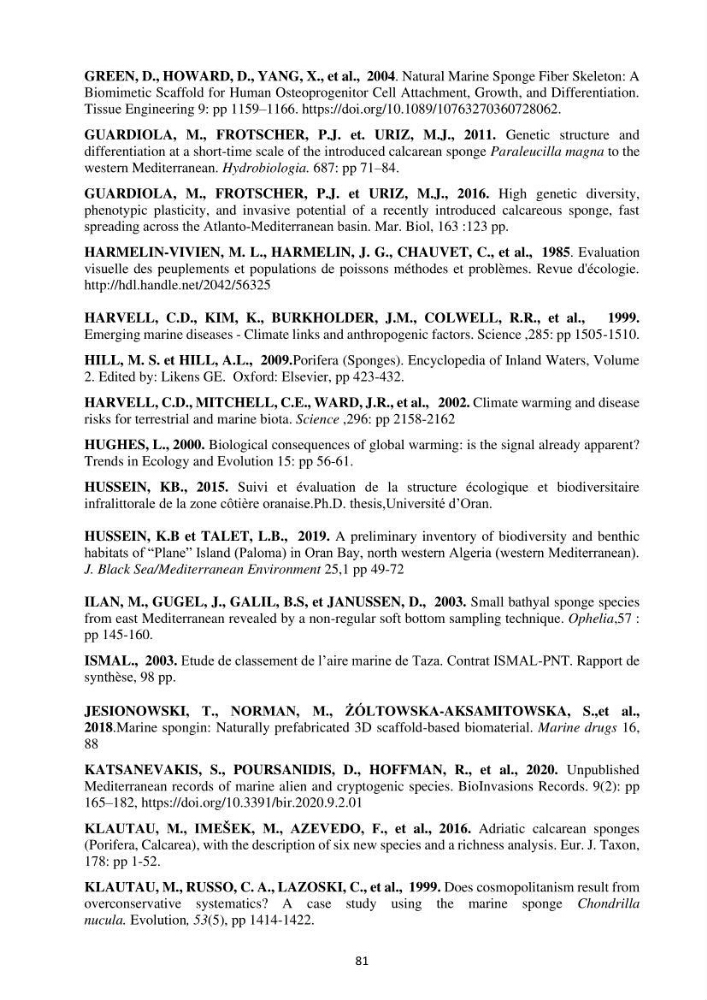 Elaboration d’un inventaire-référentiel national des Porifères de la côte algérienne: