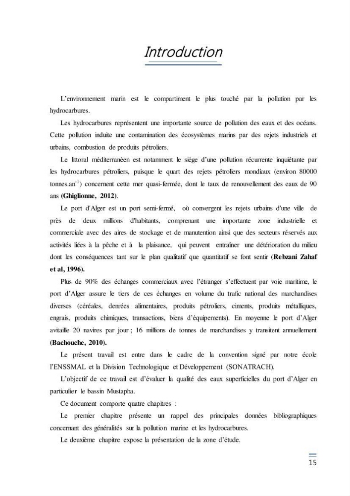 Evaluation de l\'étatt de la pollution des eaux superficielles du bassin Mustapha: Port d\'Alger