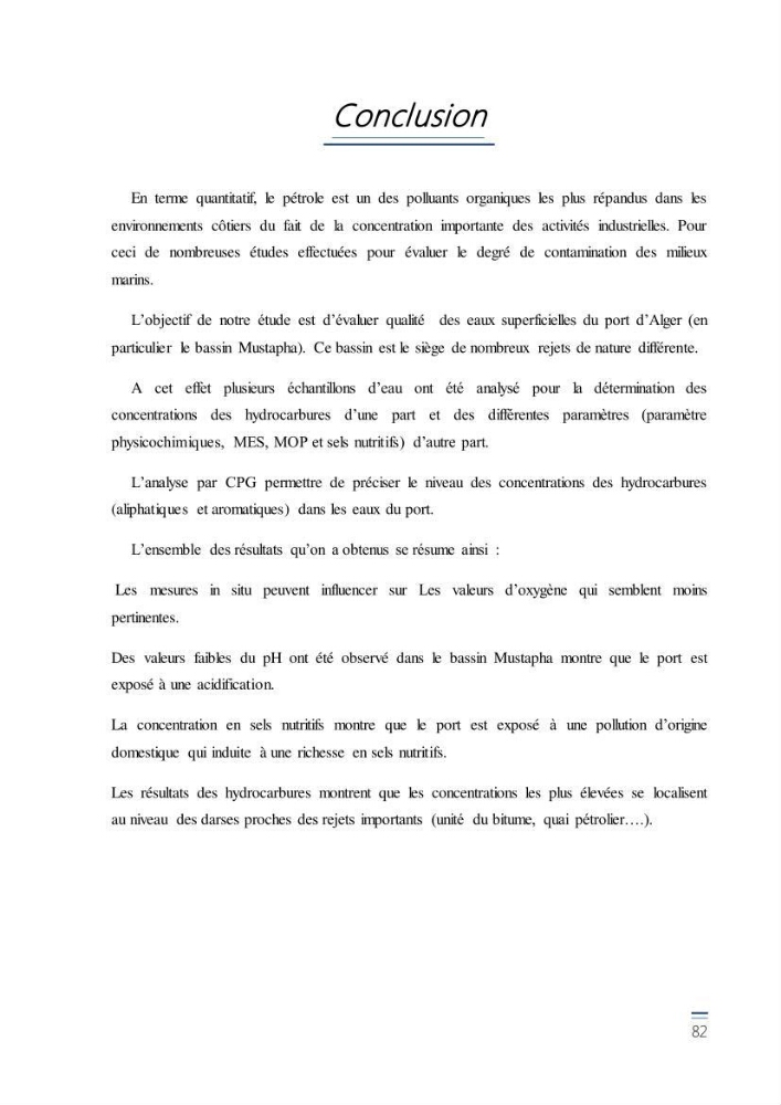 Evaluation de l\'étatt de la pollution des eaux superficielles du bassin Mustapha: Port d\'Alger