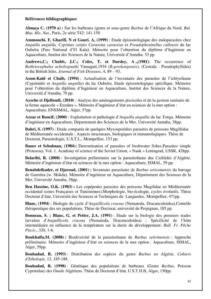 Inventaire de la parasitofaune des poissons dulcicoles d\'Algérie