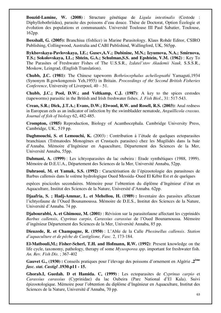 Inventaire de la parasitofaune des poissons dulcicoles d\'Algérie