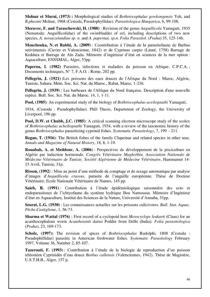 Inventaire de la parasitofaune des poissons dulcicoles d\'Algérie