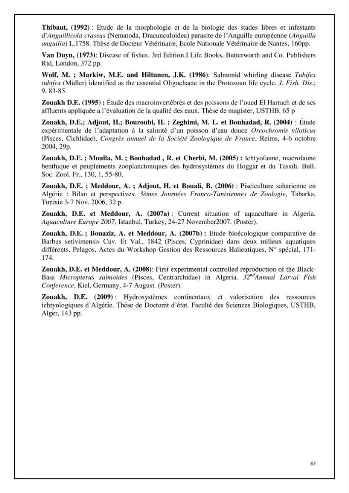 Inventaire de la parasitofaune des poissons dulcicoles d\'Algérie