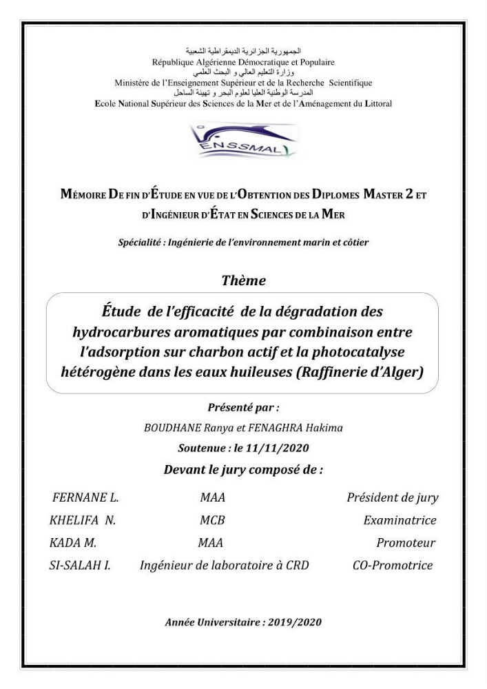 Etude de l’efficacité de la dégradation des hydrocarbures aromatiques par combinaison entre l’adsorption sur charbon actif et la photocatalyse hétérogène dans les eaux huileuses (Raffinerie d’Alger):