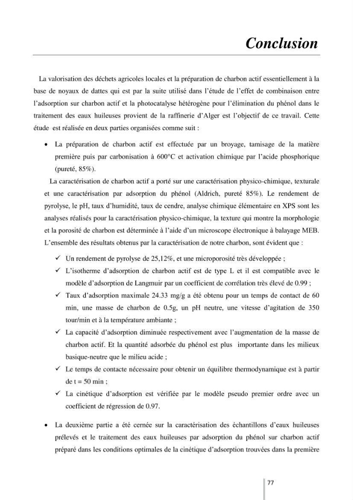 Etude de l’efficacité de la dégradation des hydrocarbures aromatiques par combinaison entre l’adsorption sur charbon actif et la photocatalyse hétérogène dans les eaux huileuses (Raffinerie d’Alger):