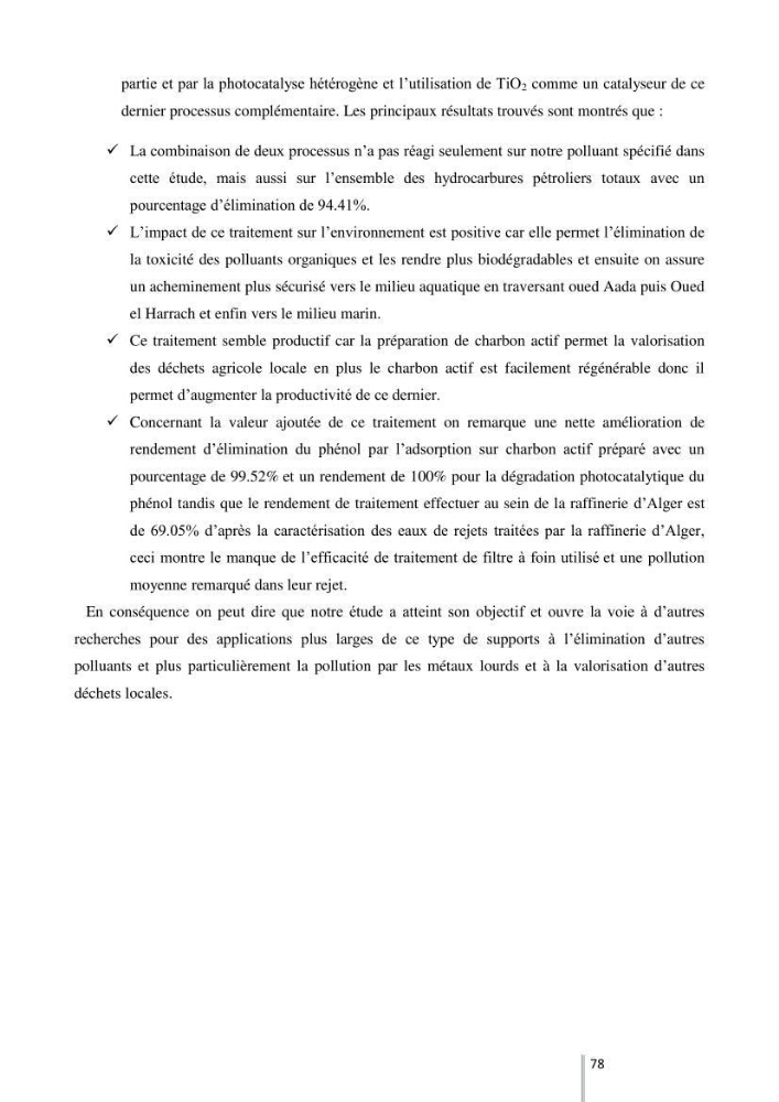 Etude de l’efficacité de la dégradation des hydrocarbures aromatiques par combinaison entre l’adsorption sur charbon actif et la photocatalyse hétérogène dans les eaux huileuses (Raffinerie d’Alger):