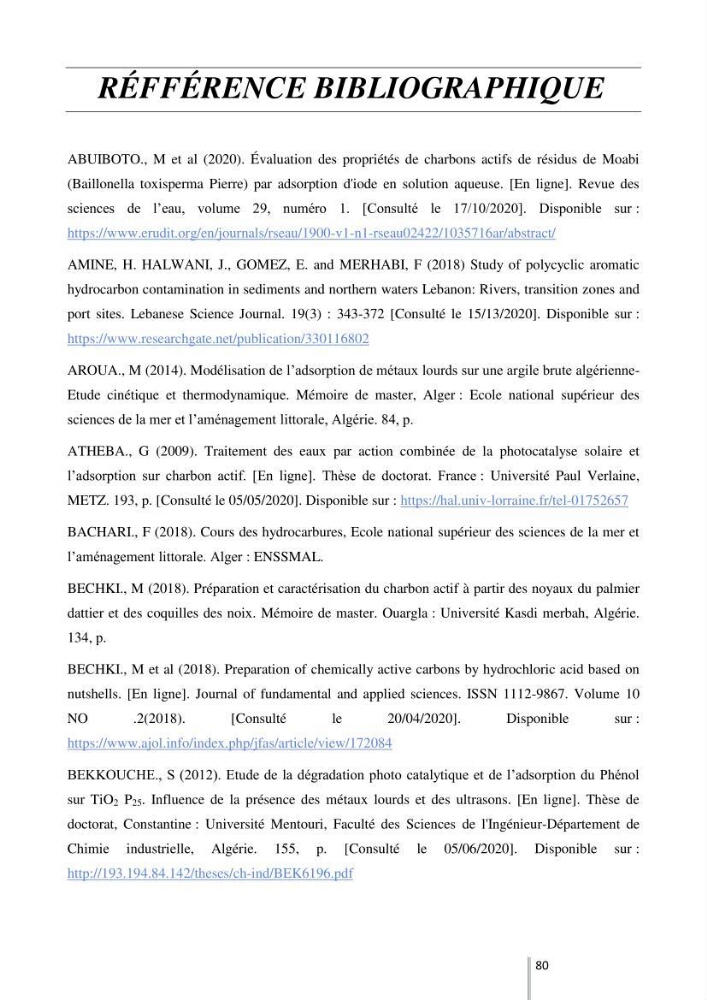 Etude de l’efficacité de la dégradation des hydrocarbures aromatiques par combinaison entre l’adsorption sur charbon actif et la photocatalyse hétérogène dans les eaux huileuses (Raffinerie d’Alger):