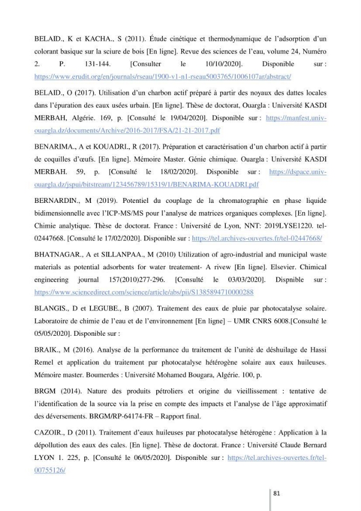 Etude de l’efficacité de la dégradation des hydrocarbures aromatiques par combinaison entre l’adsorption sur charbon actif et la photocatalyse hétérogène dans les eaux huileuses (Raffinerie d’Alger):