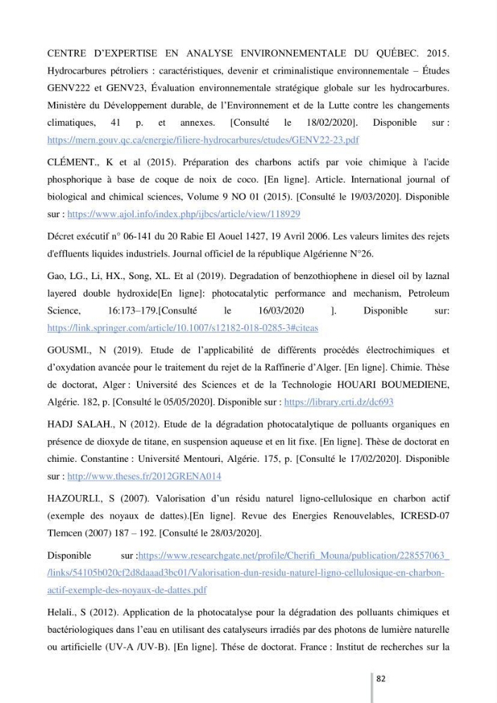Etude de l’efficacité de la dégradation des hydrocarbures aromatiques par combinaison entre l’adsorption sur charbon actif et la photocatalyse hétérogène dans les eaux huileuses (Raffinerie d’Alger):