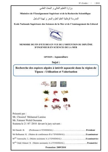 Recherche des espèces algales à intérêt aquacole dans la région de Tipaza: utilisation et valorisation Recherche des espèces algales à intérêt aquacole dans la région de Tipaza: utilisation et valorisation