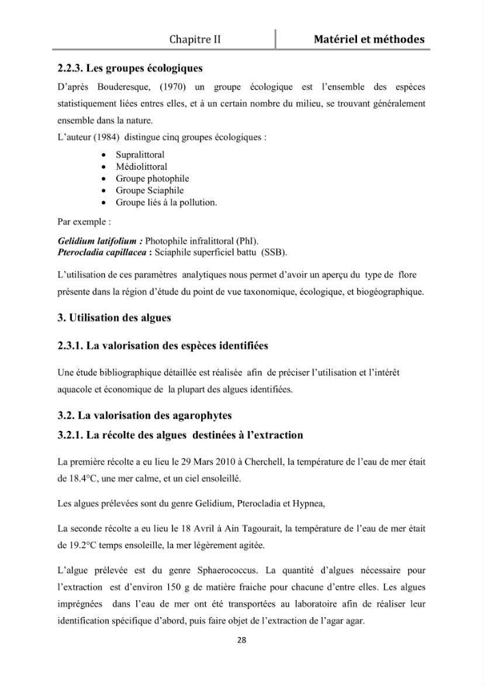 Recherche des espèces algales à intérêt aquacole dans la région de Tipaza: utilisation et valorisation