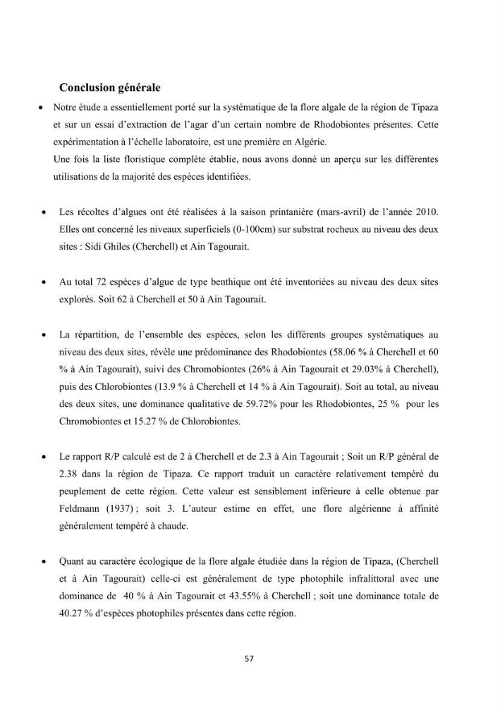 Recherche des espèces algales à intérêt aquacole dans la région de Tipaza: utilisation et valorisation
