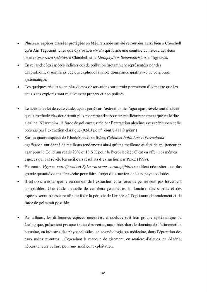 Recherche des espèces algales à intérêt aquacole dans la région de Tipaza: utilisation et valorisation