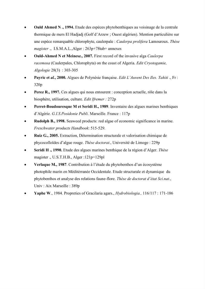 Recherche des espèces algales à intérêt aquacole dans la région de Tipaza: utilisation et valorisation
