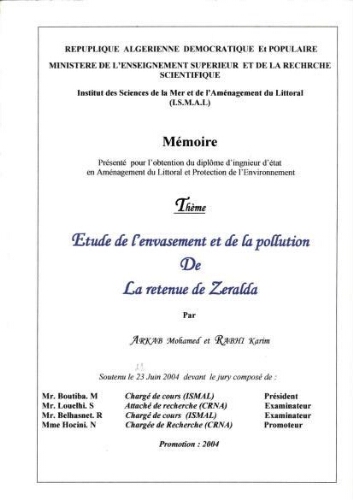 Etude de l'envasement et de la pollution de la retenue de Zeralda Etude de l'envasement et de la pollution de la retenue de Zeralda