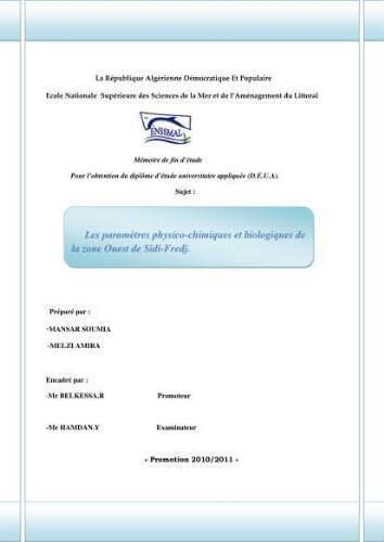 Les paramétres physico-chimiques et biologiques de la zone Ouest de Sidi-Fredj Les paramétres physico-chimiques et biologiques de la zone Ouest de Sidi-Fredj