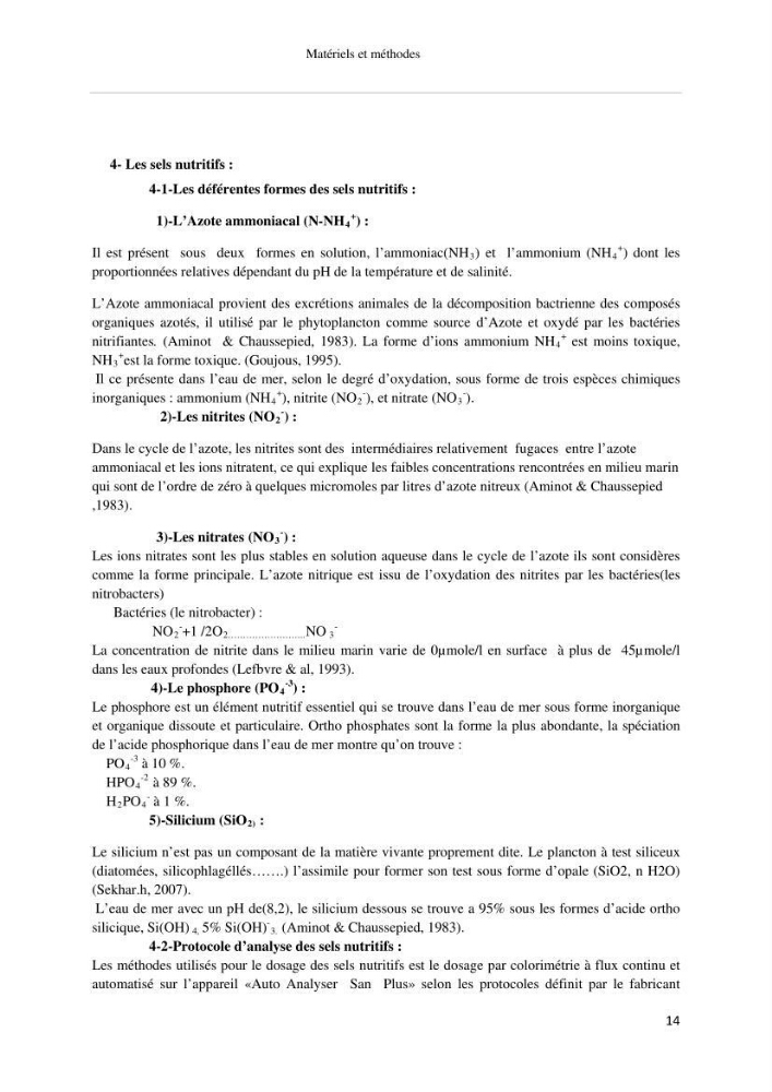 Les paramétres physico-chimiques et biologiques de la zone Ouest de Sidi-Fredj