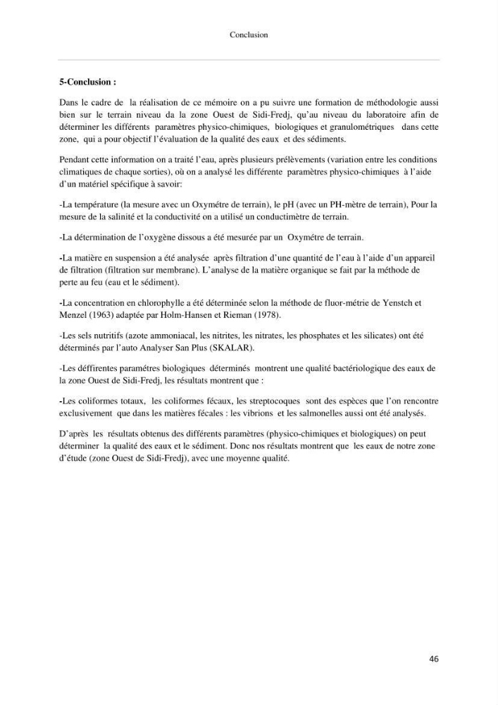 Les paramétres physico-chimiques et biologiques de la zone Ouest de Sidi-Fredj