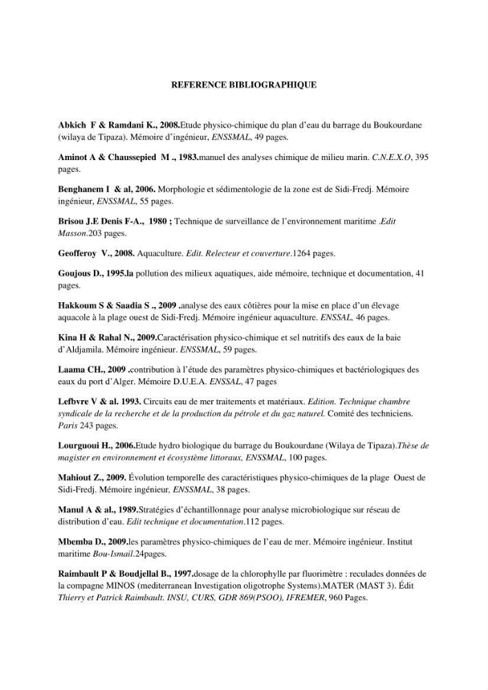 Les paramétres physico-chimiques et biologiques de la zone Ouest de Sidi-Fredj