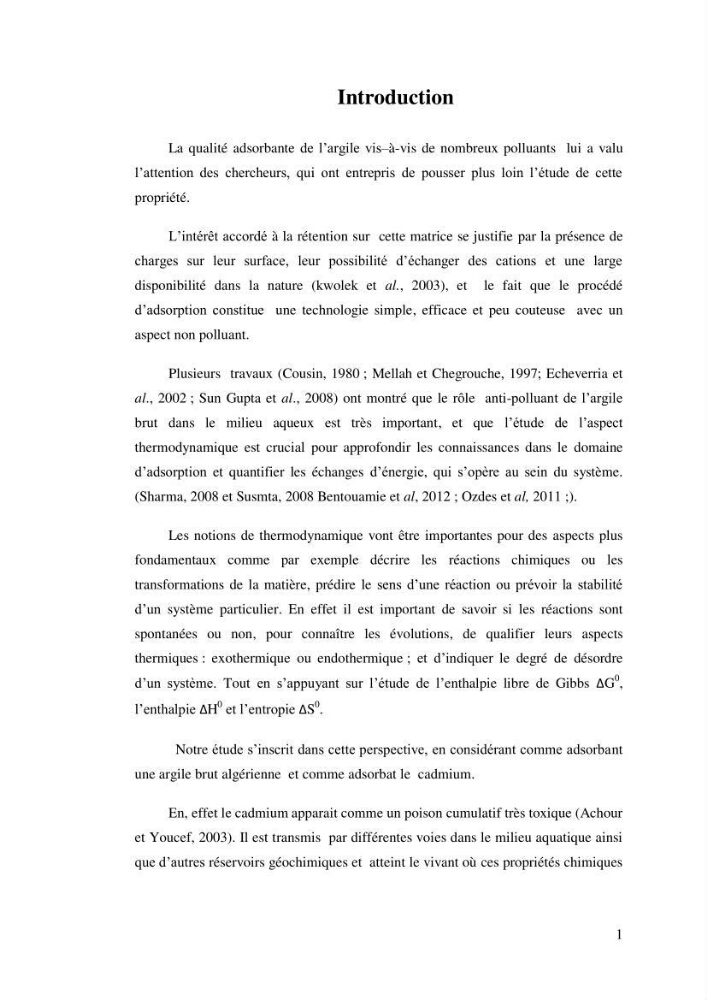 Etude thermodynamique de la rétention du cadmium dans un milieu aqueux sur une argile brute Algétienne