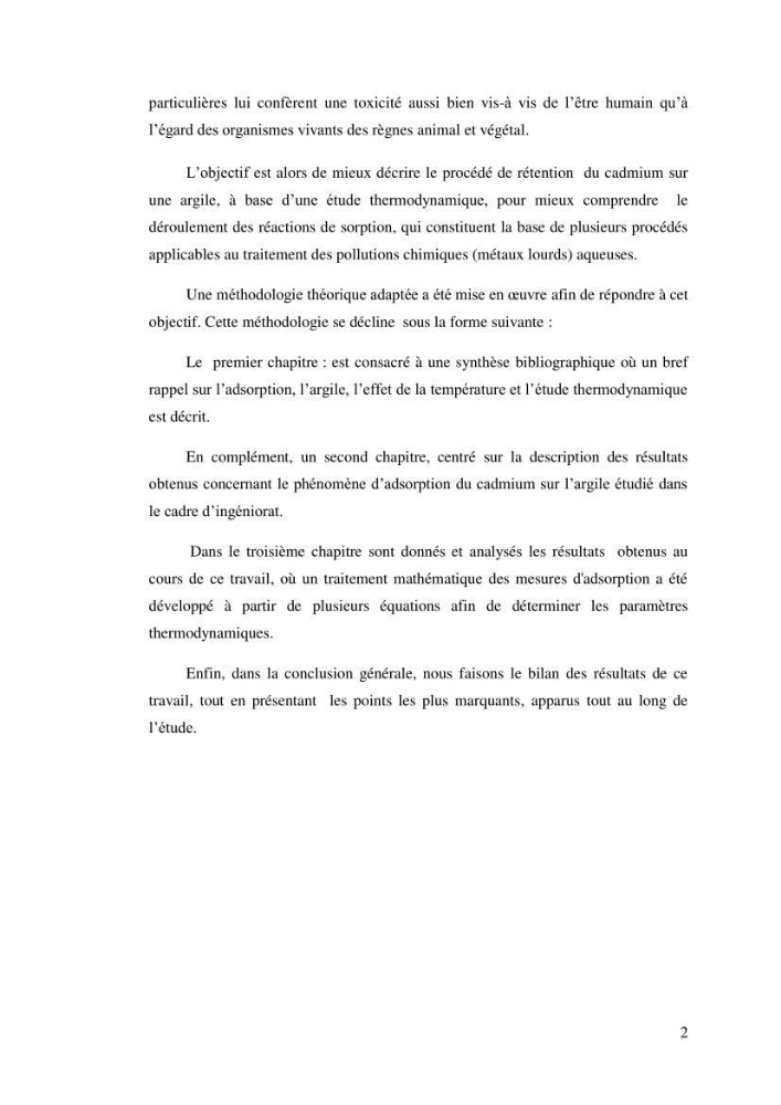 Etude thermodynamique de la rétention du cadmium dans un milieu aqueux sur une argile brute Algétienne