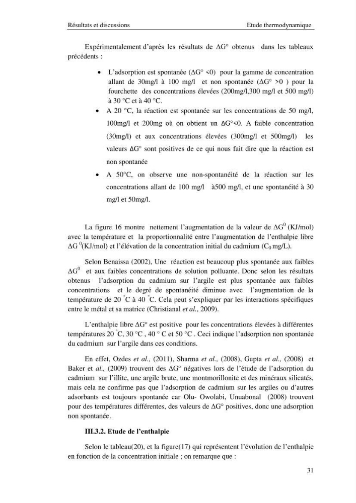 Etude thermodynamique de la rétention du cadmium dans un milieu aqueux sur une argile brute Algétienne