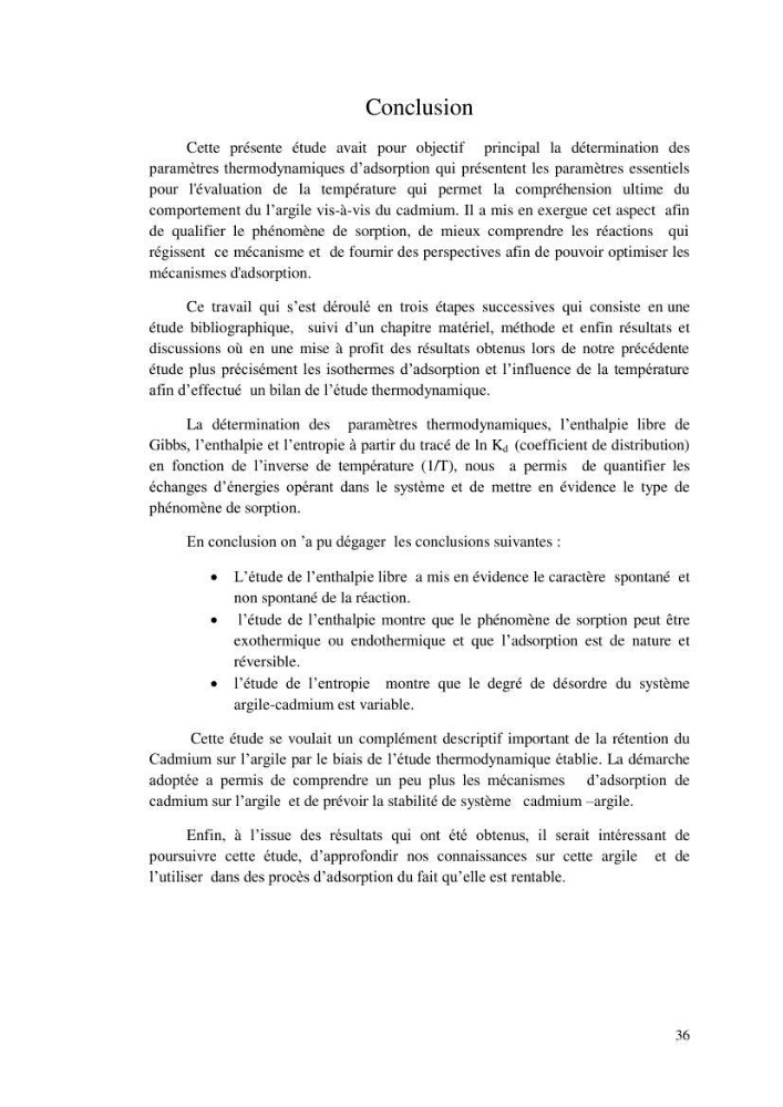 Etude thermodynamique de la rétention du cadmium dans un milieu aqueux sur une argile brute Algétienne