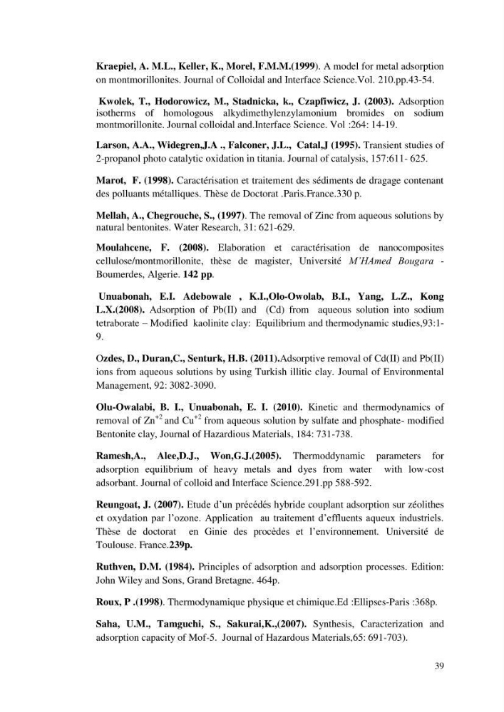 Etude thermodynamique de la rétention du cadmium dans un milieu aqueux sur une argile brute Algétienne