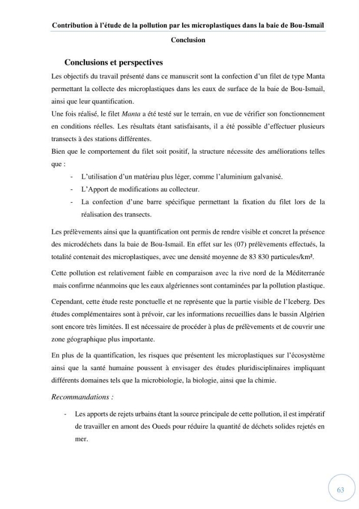 Contribution à l\'étude de la pollution par les micro-plastiques dans la baie de Bou-Ismail
