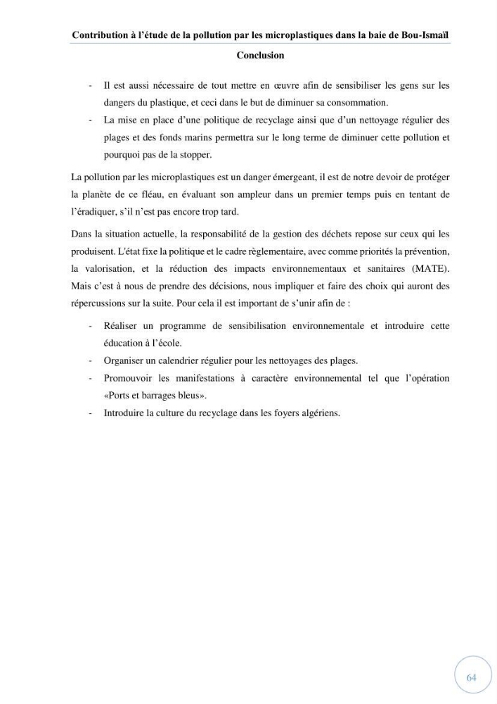 Contribution à l\'étude de la pollution par les micro-plastiques dans la baie de Bou-Ismail
