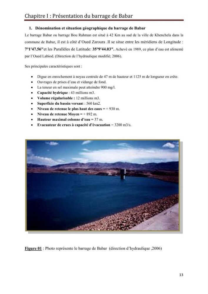 Etude hydrobiologique du barrage de Babar (wilaya de Khenchla)