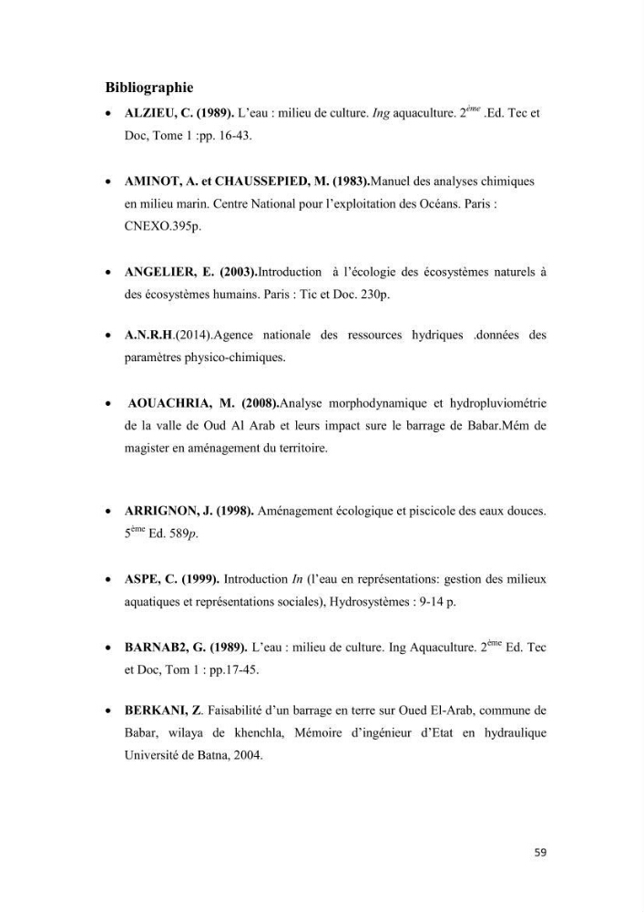 Etude hydrobiologique du barrage de Babar (wilaya de Khenchla)
