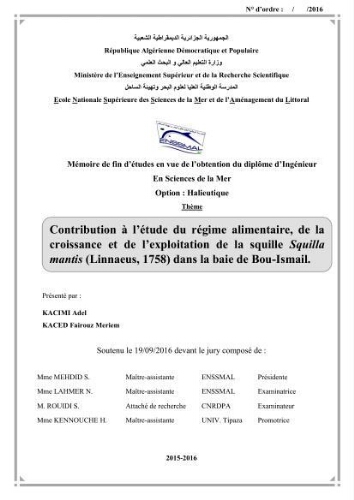 Contribution a l'étude du régime alimentaire, de la croissance et de l'exploitation de la squille squilla mantis linnaeus ,1758 dans la baie de bou-ismail.: Contribution a l'étude du régime alimentaire, de la croissance et de l'exploitation de la squille squilla mantis linnaeus ,1758 dans la baie de bou-ismail.: