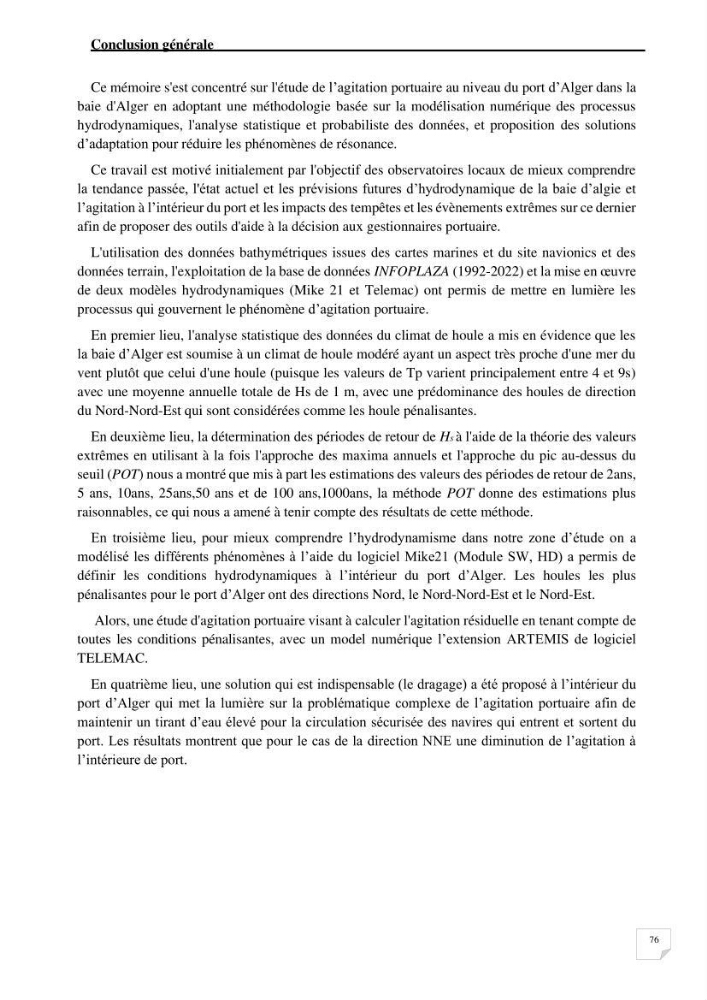 Modélisation de l\'agitation des vagues dans le port d\'Alger: application du modèle Telemac