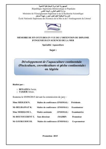 Développement de l'aquaculture continentale: pisciculture,crevetticulture et pêche continentale en Algérie Développement de l'aquaculture continentale: pisciculture,crevetticulture et pêche continentale en Algérie