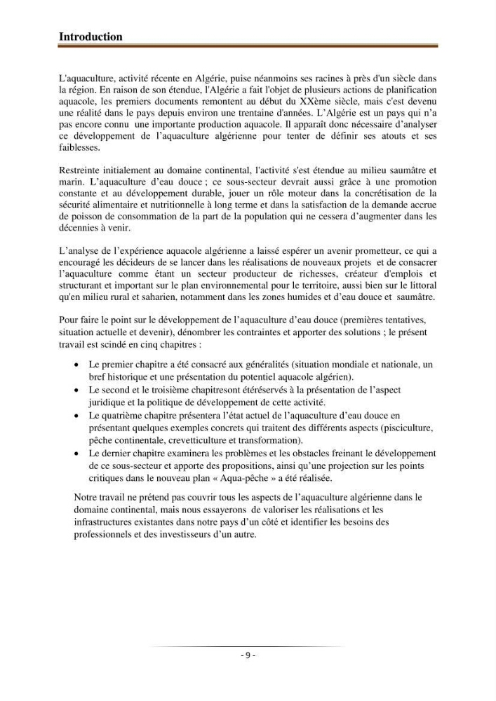 Développement de l\'aquaculture continentale: pisciculture,crevetticulture et pêche continentale en Algérie