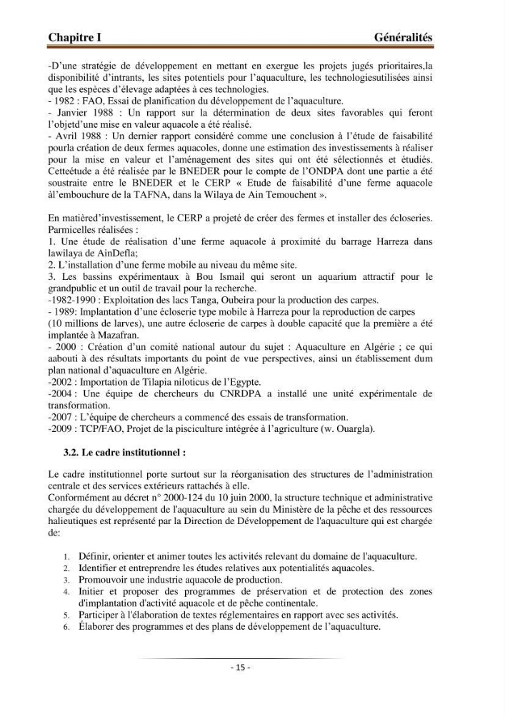 Développement de l\'aquaculture continentale: pisciculture,crevetticulture et pêche continentale en Algérie