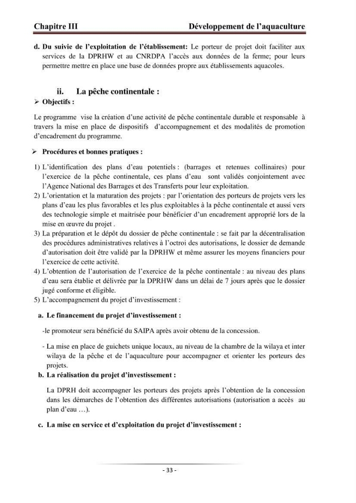 Développement de l\'aquaculture continentale: pisciculture,crevetticulture et pêche continentale en Algérie