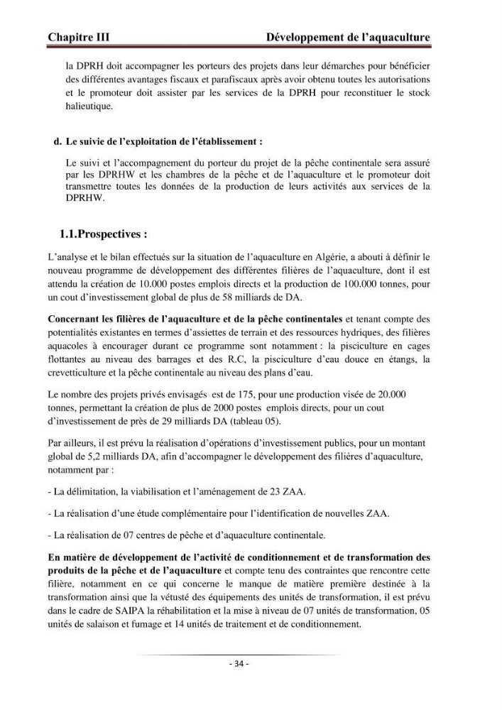 Développement de l\'aquaculture continentale: pisciculture,crevetticulture et pêche continentale en Algérie
