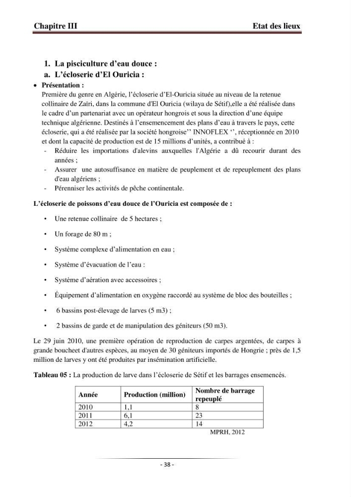 Développement de l\'aquaculture continentale: pisciculture,crevetticulture et pêche continentale en Algérie