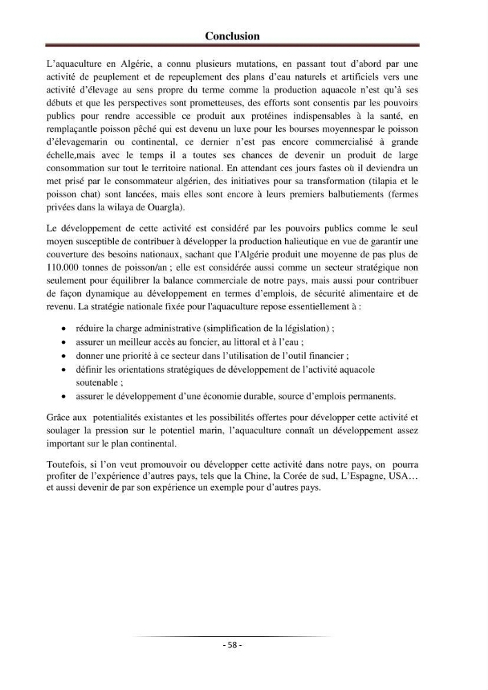 Développement de l\'aquaculture continentale: pisciculture,crevetticulture et pêche continentale en Algérie