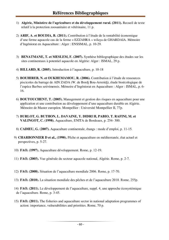 Développement de l\'aquaculture continentale: pisciculture,crevetticulture et pêche continentale en Algérie