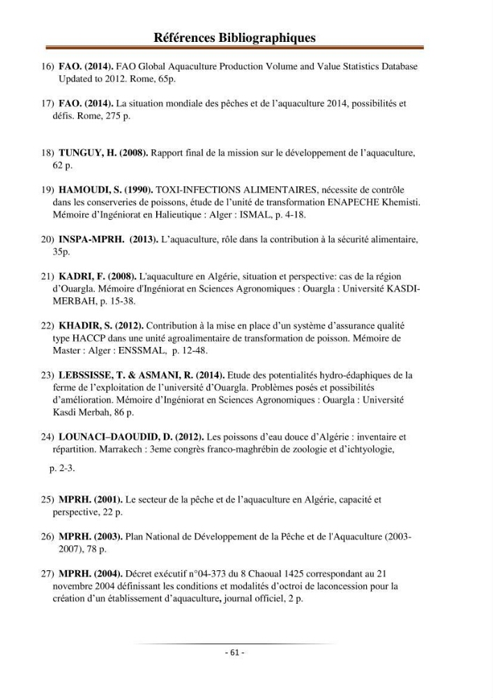 Développement de l\'aquaculture continentale: pisciculture,crevetticulture et pêche continentale en Algérie