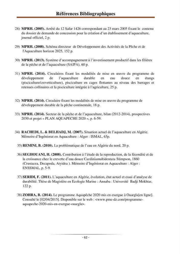 Développement de l\'aquaculture continentale: pisciculture,crevetticulture et pêche continentale en Algérie