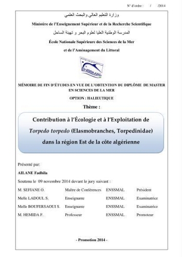 Contribution à l'écologie et à l'exploitation de Torpedo torpedo ( Elasmobranches, Torpedinidae) dans la région Est de la côte algérienne: Contribution à l'écologie et à l'exploitation de Torpedo torpedo ( Elasmobranches, Torpedinidae) dans la région Est de la côte algérienne: