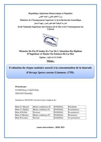 Evaluation du risque Sanitaire Assoié à la Consommation de la Daurade d’élevage Sparus aurata (Linnaeus ,1758) Evaluation du risque Sanitaire Assoié à la Consommation de la Daurade d’élevage Sparus aurata (Linnaeus ,1758)