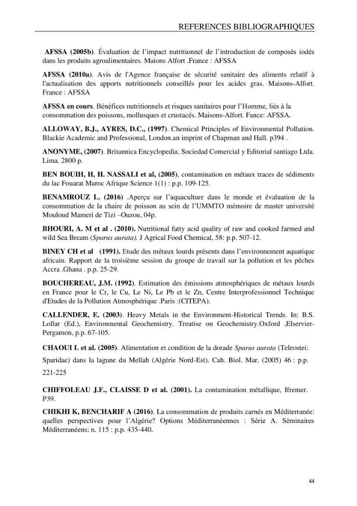 Evaluation du risque Sanitaire Assoié à la Consommation de la Daurade d’élevage Sparus aurata (Linnaeus ,1758)