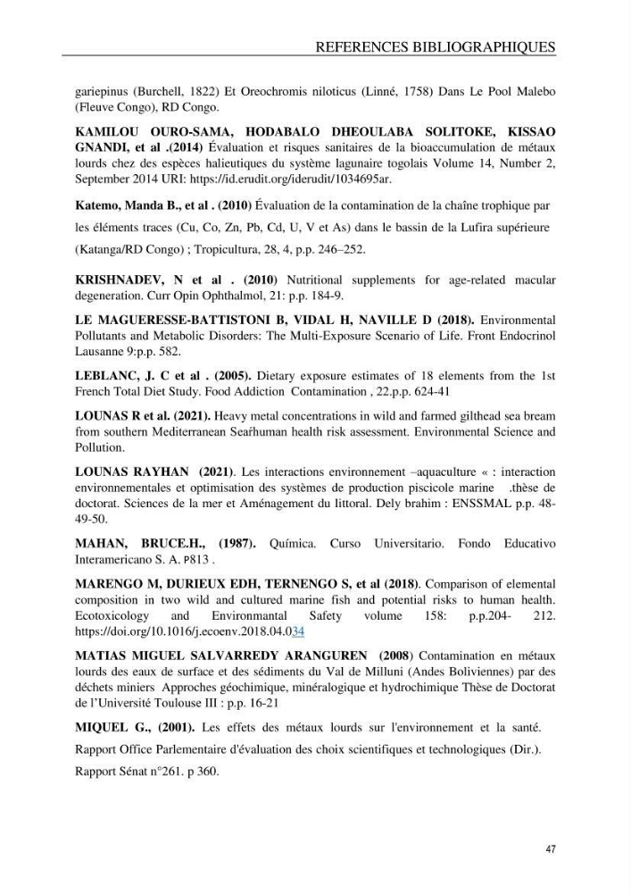Evaluation du risque Sanitaire Assoié à la Consommation de la Daurade d’élevage Sparus aurata (Linnaeus ,1758)