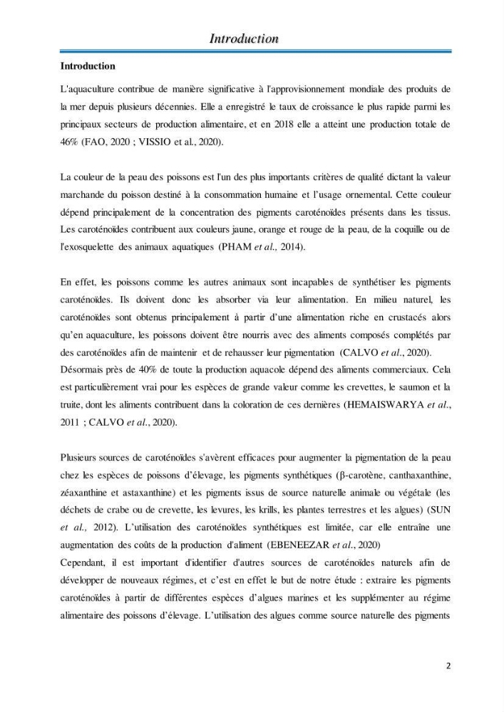Contribution à l’élaboration d’un complément alimentaire algale destiné à l’amélioration de la pigmentation des poissons d’élevage :