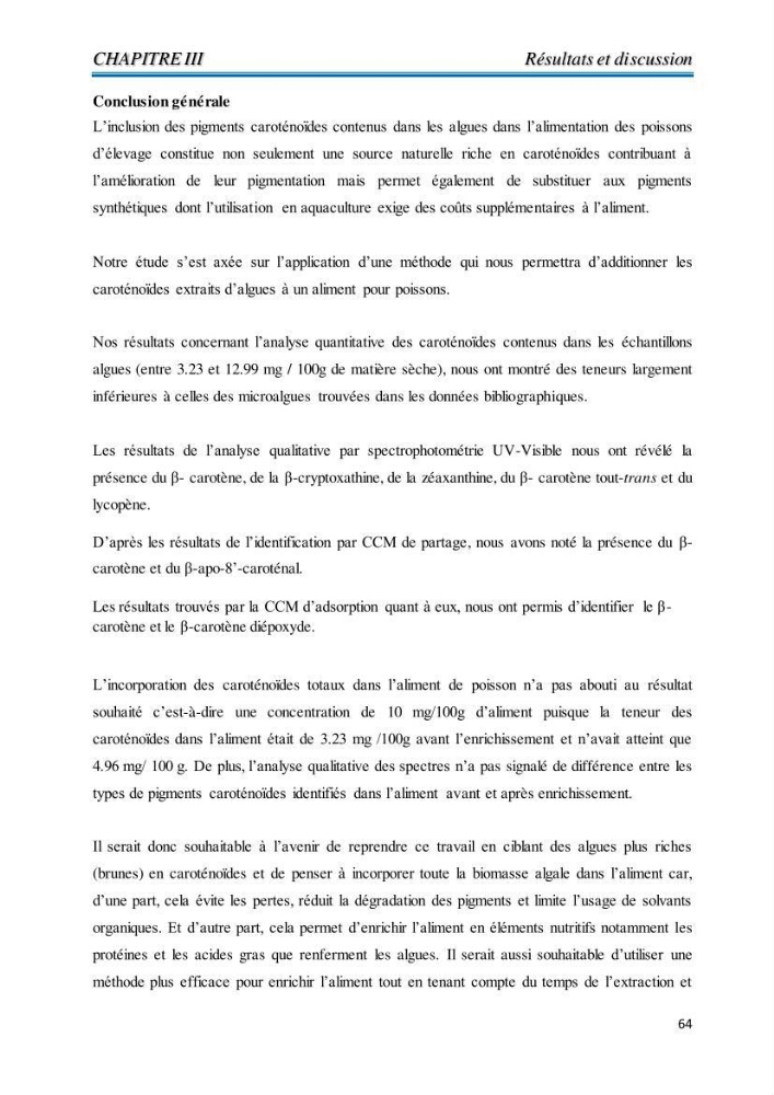 Contribution à l’élaboration d’un complément alimentaire algale destiné à l’amélioration de la pigmentation des poissons d’élevage :